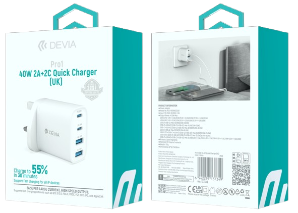 DEVIA CARGADOR PRO1 QC 40W 2 USBa / 2 USBc