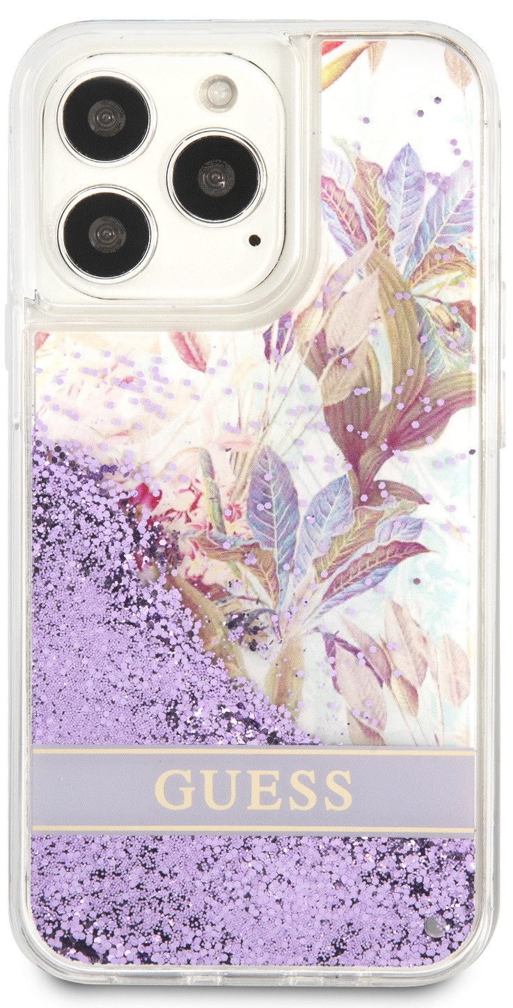 GUESS carcasa GLITTER FLOWER iphone 13 PRO LILA