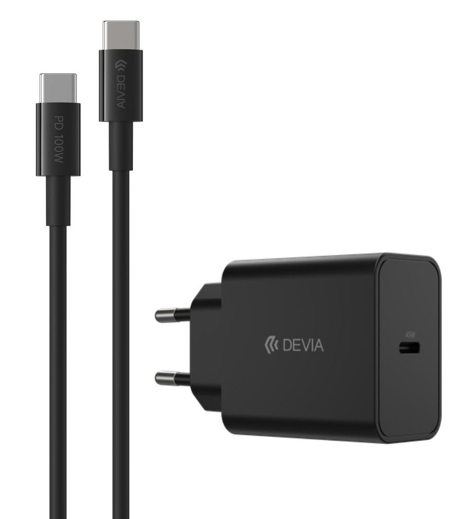 DEVIA CARGADOR ROCKET PD 45W + CABLE C-C NEGRO