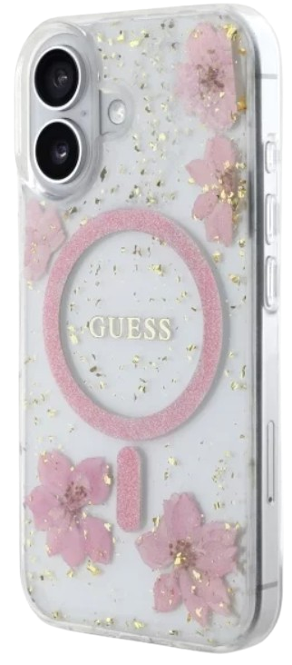 GUESS CARCASA MAGSAFE FLOWERS & GLITTER IPHONE 16 ROSA