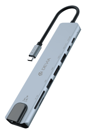 DEVIA HUB 8 EN 1 TIPO C HDMI/ USBx2/ PD 100W/ SD/ ETHERNET GRIS